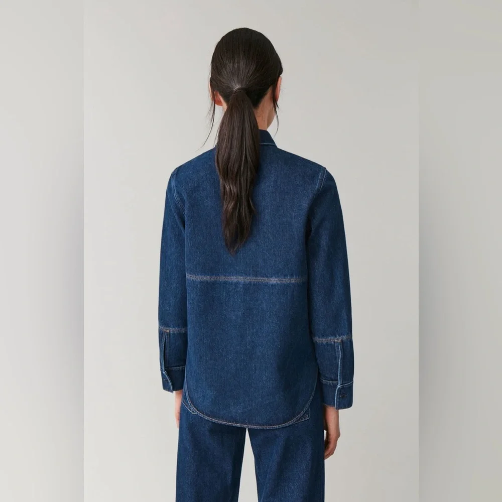 COS dark Denim Jean Shirt jacket Shacket size 4 dark blue minimalist classic - Picture 3 of 9